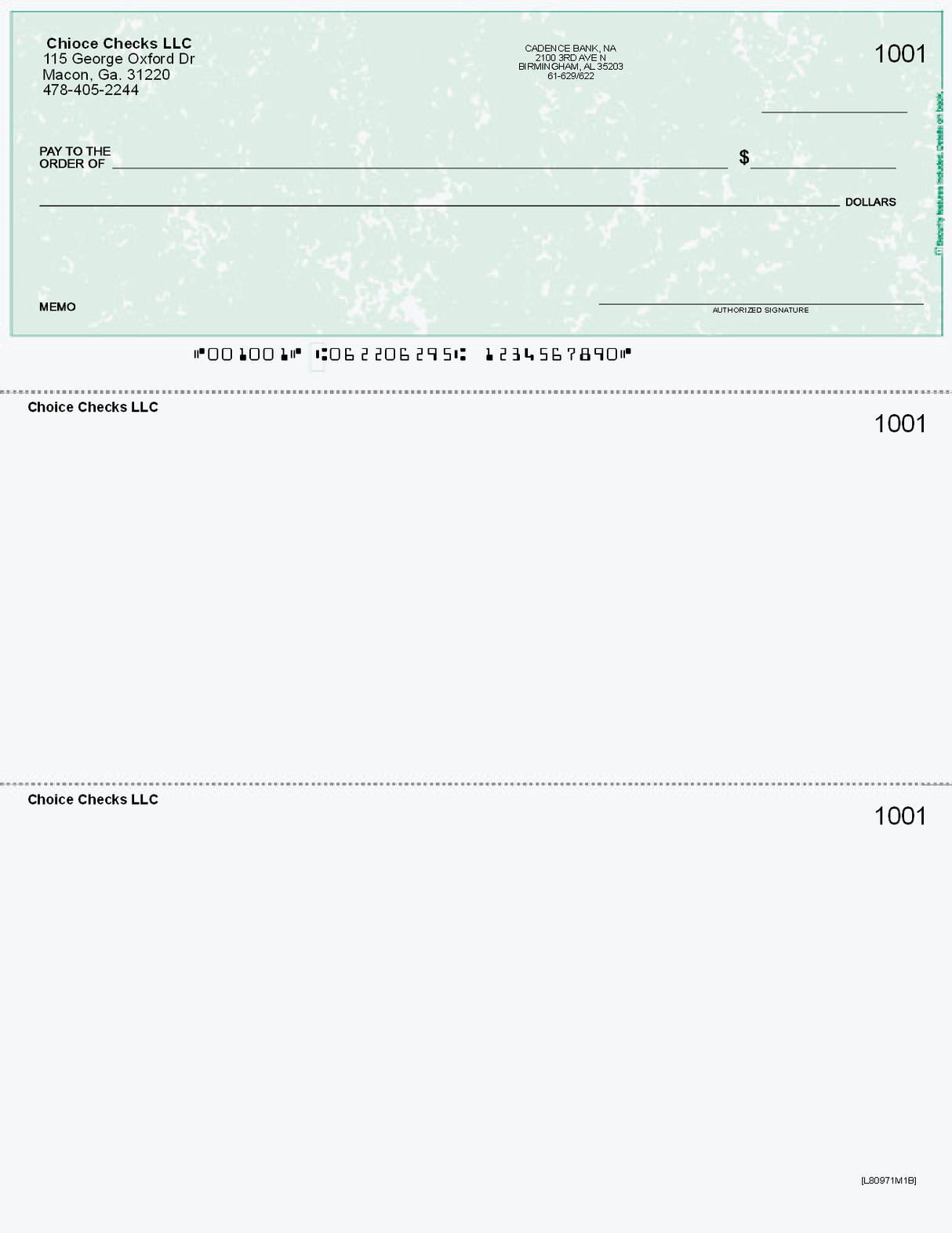 Marble Green Imprinted Business Check on Top - Good Security