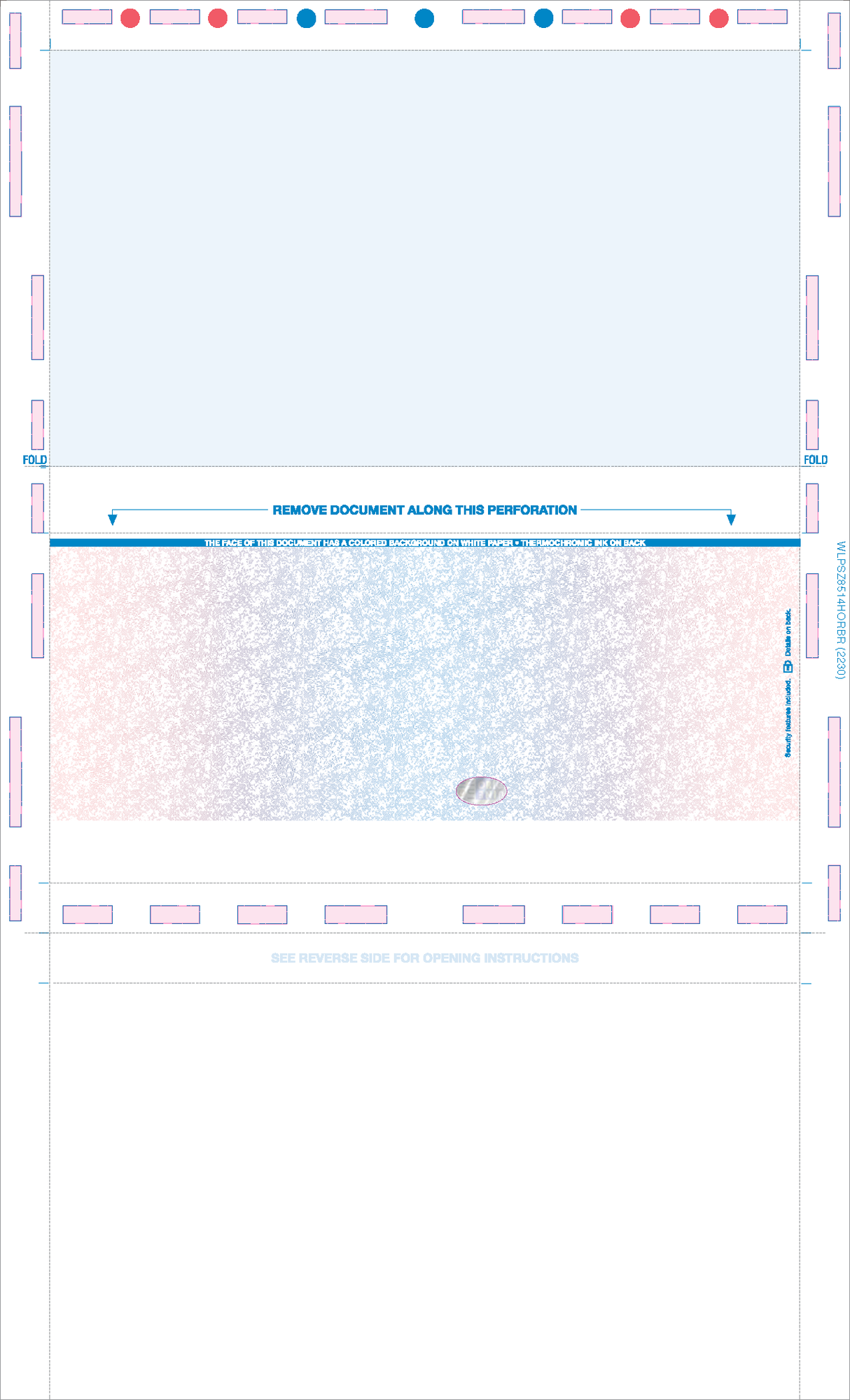 Check, Stock, Blank, Two Blockouts, Hologram 28# 8-1/2" x 14" Eccentric Z-Fold EZ-Fold. Front