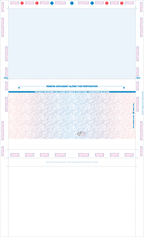 Check, Stock, Blank, Two Blockouts, Hologram 28# 8-1/2" x 14" Eccentric Z-Fold EZ-Fold. Front