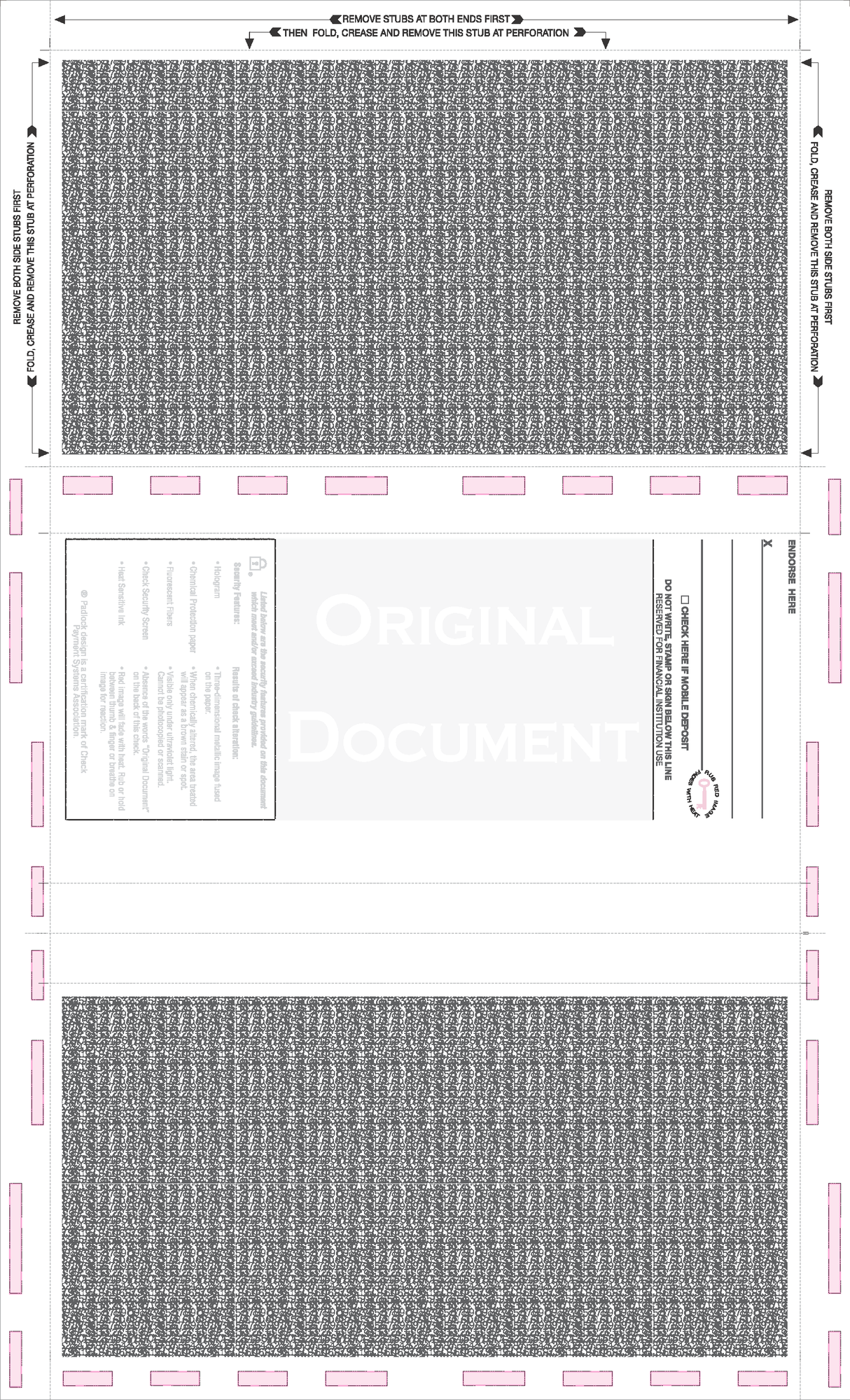 Check, Stock, Blank, Two Blockouts, Hologram 28# 8-1/2" x 14" Eccentric Z-Fold EZ-Fold. Back