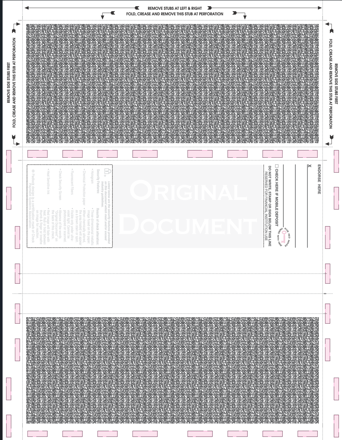 Check, Void, Prismatic Pantograph, Red185/Process Blue/Red185, Hologram 28# 8-1/2" X 11" Z-fold