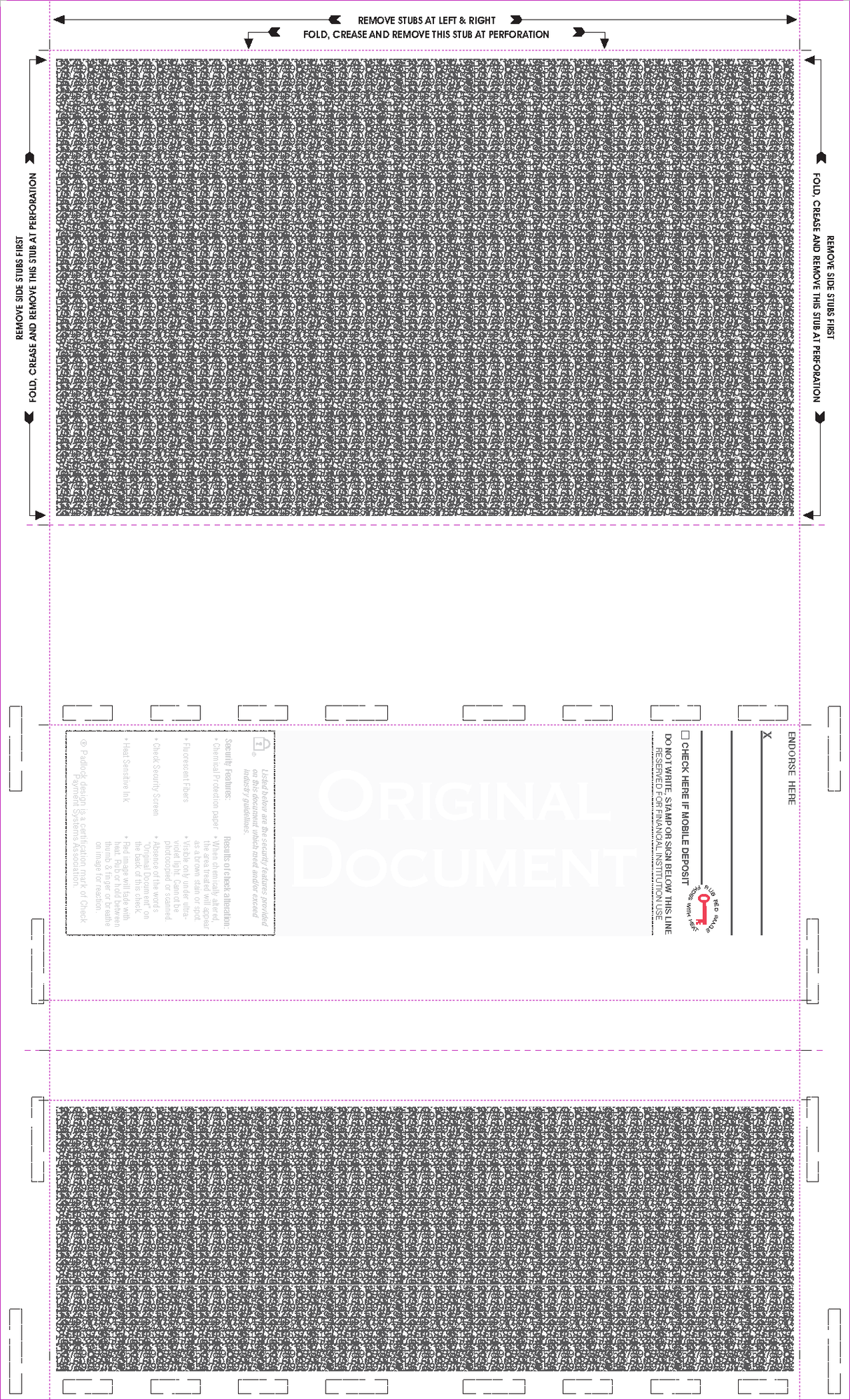 Check, Void Prismatic Pantograph, Process Blue/Red185/Process Blue 28#, 8-1/2" x 14" Eccentric Z-Fold EZ-fold